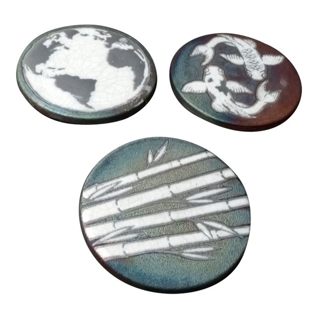 1980s Signed Diller Raku Pottery Coasters- Set of 3 For Sale