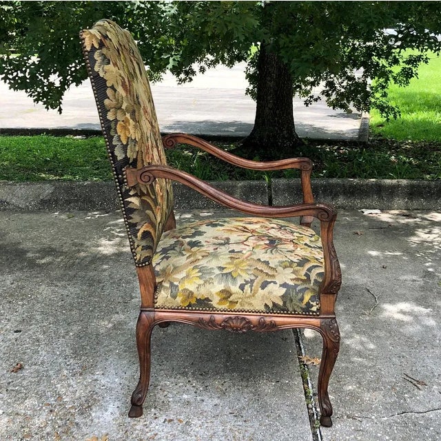 Wood 19th Century French Louis XV Fruitwood Fauteuil ~ Armchair With Floral Needlepoint For Sale - Image 7 of 15