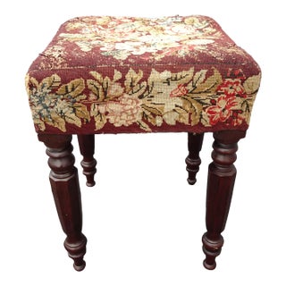 Vintage French Provincial Burgundy Needlepoint Tapestry Bench Foot Stool For Sale