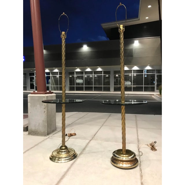 Mid-Century Modern Pair of Brass Twist Floor Lamps With Glass Tray Tables Manner of Stiffel For Sale - Image 3 of 13