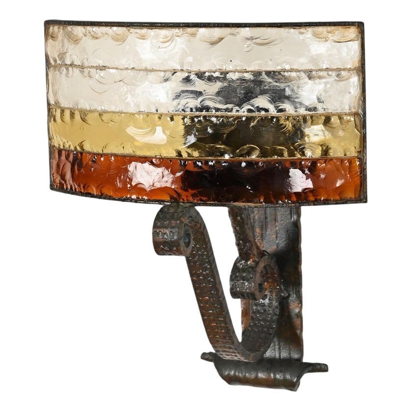 Brutalist Wrought Iron and Amber Glass Sconce attributed to Longobard ...