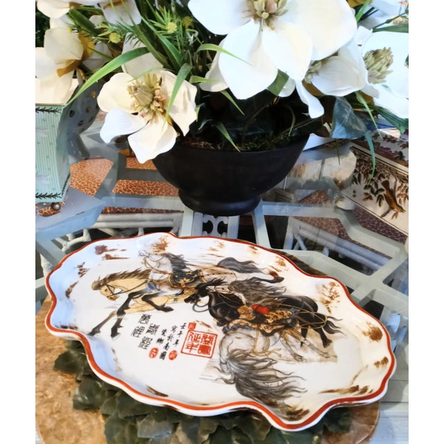 Chinoiserie Ceramic Vintage Equestrian Horse Print Decorative Platter For Sale - Image 4 of 7