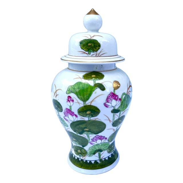 Vintage Lotus Ginger Jar With Gilded Finial For Sale