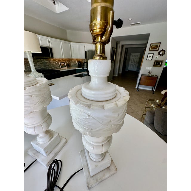 Pair of 1950's Italian Neoclassic Alabaster Table Lamps For Sale - Image 17 of 18