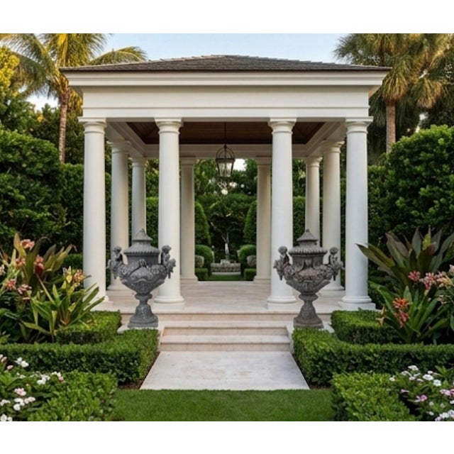 A Pair of Monumental 19th-Century Style English Cast Lead Garden Urns With Lids & Putti For Sale - Image 11 of 12