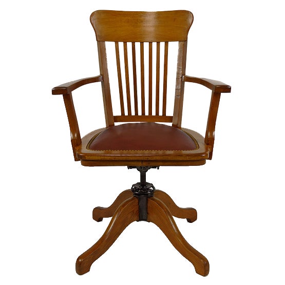American Swivel Office Armchair in Oak with Leather Seat, 1900s For Sale