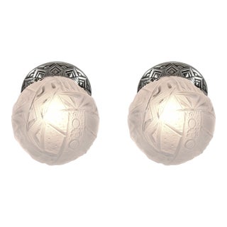 Pair of Muller Freres French Art Deco Flush Mounts - 1930s Frosted Glass & Nickeled Bronze For Sale
