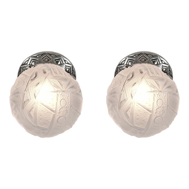 Pair of Muller Freres French Art Deco Flush Mounts - 1930s Frosted Glass & Nickeled Bronze For Sale