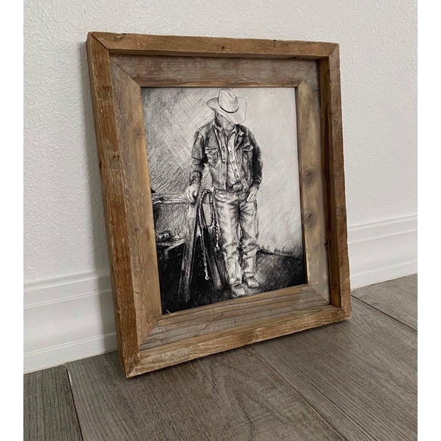 Figurative Back At The Stables (II) by James Van Fossan | Charcoal and Graphite on Paper Cowboy in a Stable For Sale - Image 3 of 3