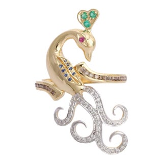 14k Gold Multi Gemstone Peacock Ring Size 7 For Sale
