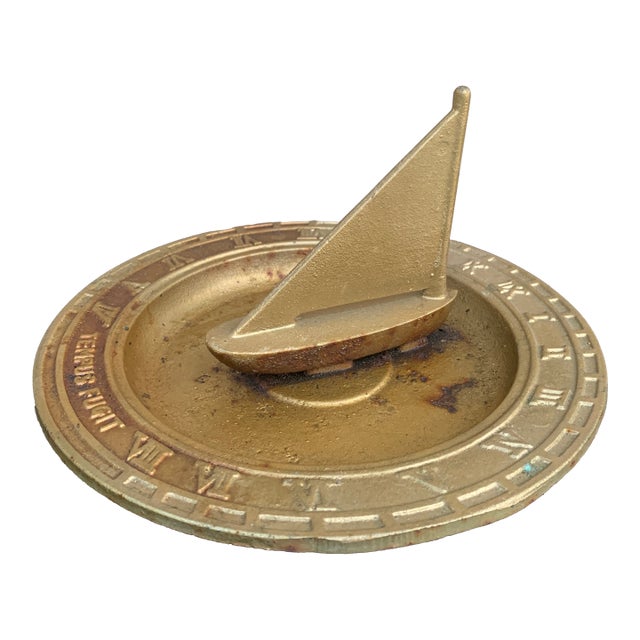 Vintage Cast Iron Garden Nautical Sundial With Sail Boat "Tempus Fugit" For Sale
