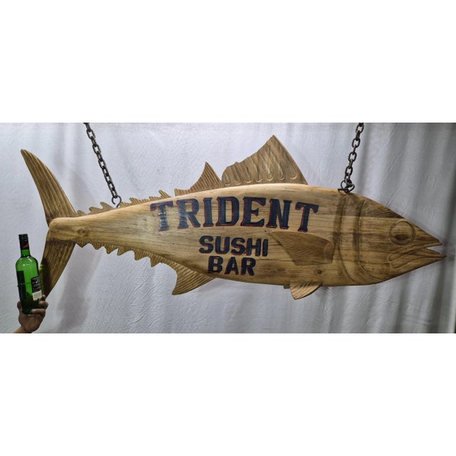 Trident Sushi Bar Carved Trade Sign For Sale In Boston - Image 6 of 12