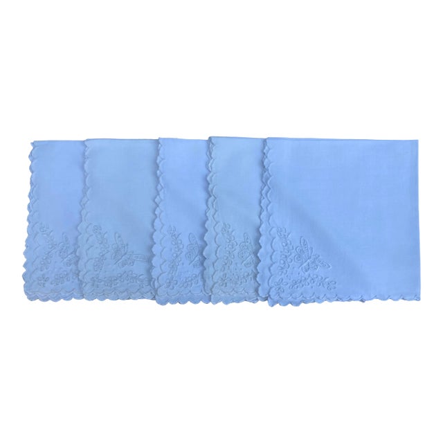 1960s Mid Century White Embroidered Cocktail Napkins - Set of 5 For Sale