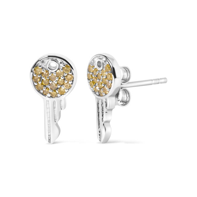 Contemporary 925 Sterling Silver 1/6ct TDW Yellow Treated Diamond Charm Earrings For Sale - Image 3 of 4