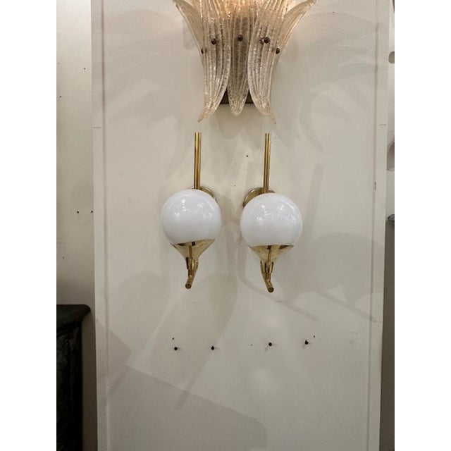 Modern Pair of White Ball Form Murano Glass Sconces on Brass Base For Sale - Image 3 of 5