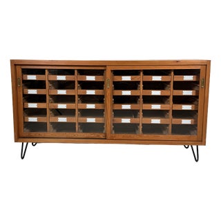 Vintage German Pine Sideboard with 24 Drawers and Glass Sliding Doors, 1960s For Sale