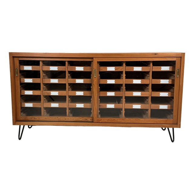 Vintage German Pine Sideboard with 24 Drawers and Glass Sliding Doors, 1960s For Sale