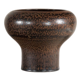Large Artisan Ceramic Vase with Wide Mouth and Speckled Brown Glaze For Sale
