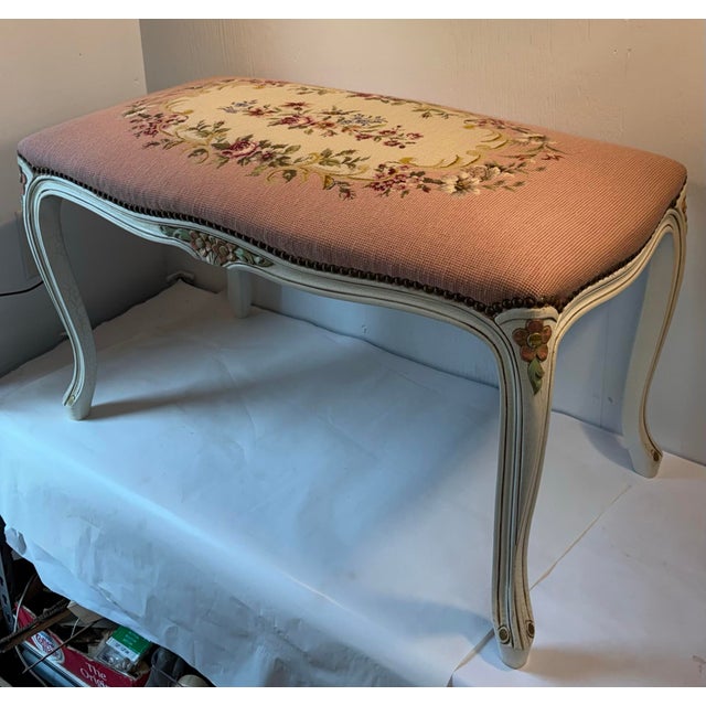 Vintage French Provincial Pink Needlepoint Vanity Bench For Sale - Image 4 of 12