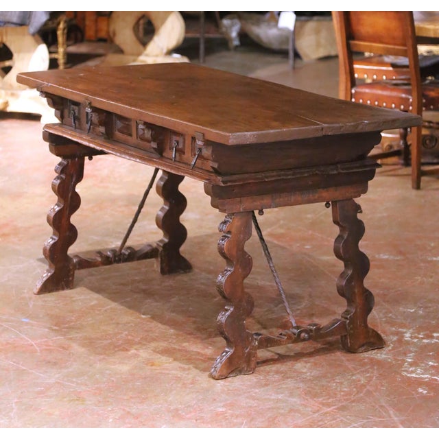 Wood 18th Century Spanish Carved Walnut Desk With Single Plank Top and Three Drawers For Sale - Image 7 of 15