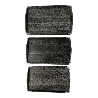 Vintage Mid-Century Cerused Black Wood & Chrome Nesting Serving Trays - Set of 3 For Sale