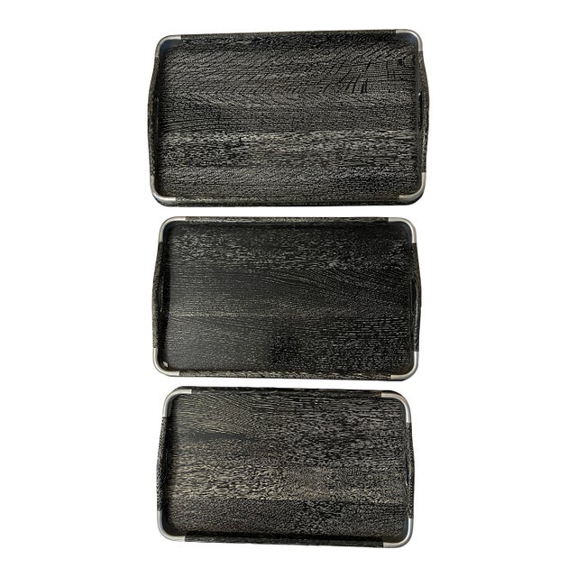 Vintage Mid-Century Cerused Black Wood & Chrome Nesting Serving Trays - Set of 3 For Sale