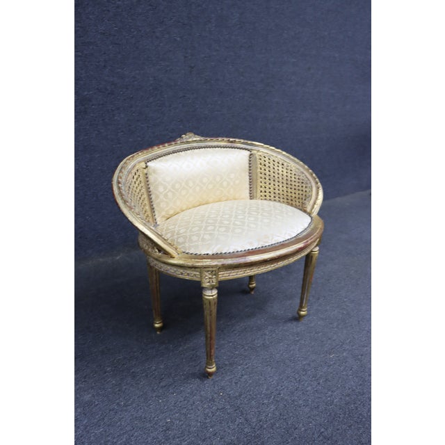 Mid 20th Century French Louis XVI Style Gilt Caned Barrel Accent Chair For Sale - Image 5 of 11