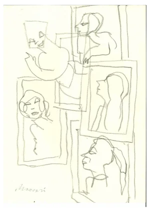 Mino Maccari, Women in Frames, Pencil Drawing, 1950s