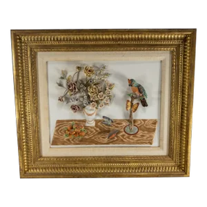Mid-Century Hollywood Regency Decorative Ceramic Wall Plaque Flowers and Parrot