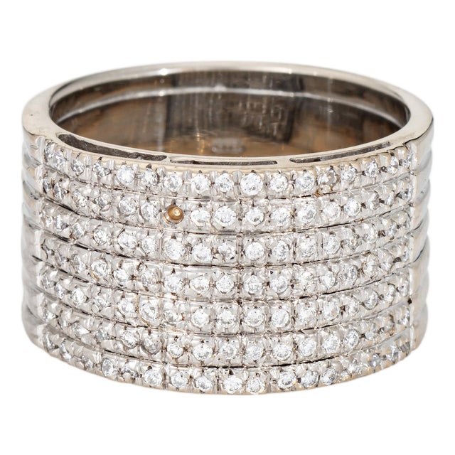 80s Portuguese Diamond Wide Band Sz 7.5 Cigar Ring 19k White Gold Fine Jewelry For Sale