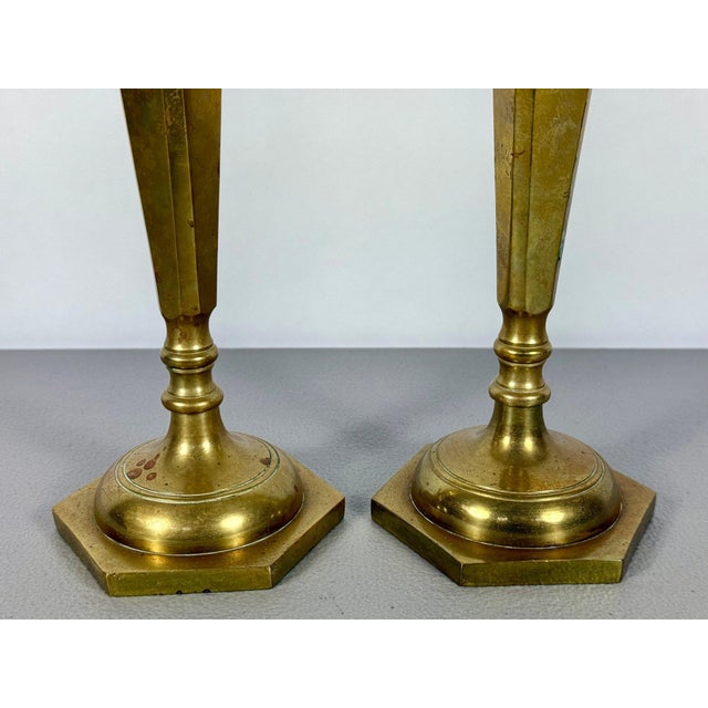 Metal Mid-Century Modern Tall Faceted Brass Candlesticks - A Pair For Sale - Image 7 of 12