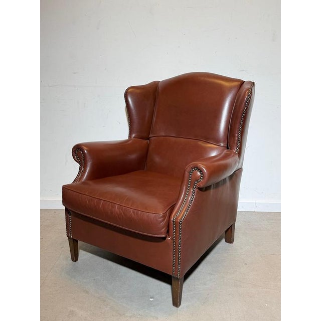 Vintage Tobacco Brown Leather Wingchair For Sale - Image 5 of 7