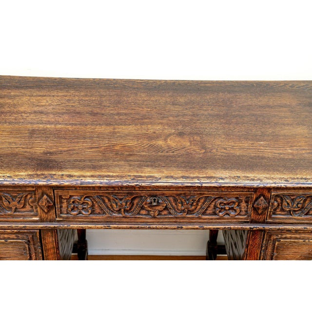 Wood Feudal Oak by Jamestown Lounge Co. Spanish Colonial Revival Carved Oak Desk and Chair Set, Circa 1920s–1930s For Sale - Image 7 of 7