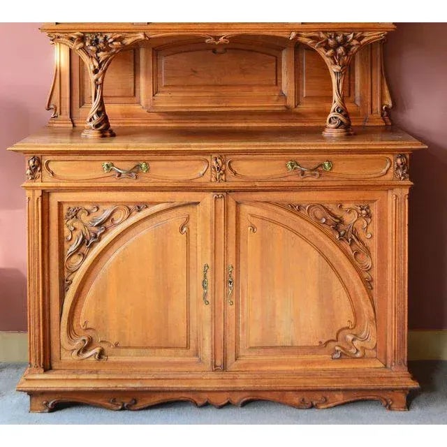 C.1878-C.1910 French Art Nouveaux Monumental Hand-Carved Breakfront Server/Sideboard Buffet For Sale - Image 4 of 12