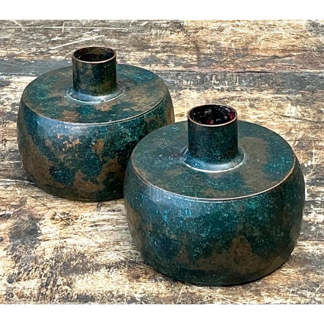 Mid-Century Modern Vintage Patinated Metal Vases - Pair For Sale - Image 3 of 12