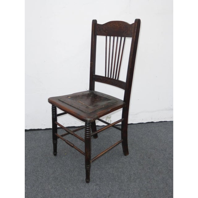French Country Vintage Carved Rustic Farmhouse Wood Side Chair W Leather Seat For Sale - Image 3 of 11