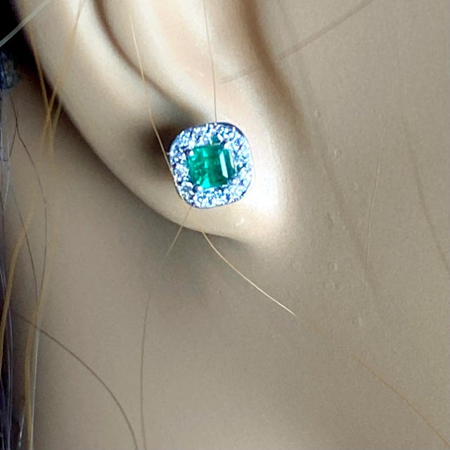 Emerald Shaped Emerald Diamond 1.20 Carat Halo 14 Karat White Gold 0.32 Inch Earrings - 2 Pieces For Sale - Image 10 of 10
