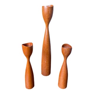 Vintage Danish Modern Sculptural Teak Candle Holders – Set of 3 For Sale