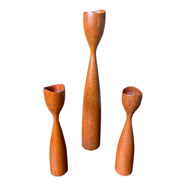 Vintage Danish Modern Sculptural Teak Candle Holders – Set of 3 For Sale