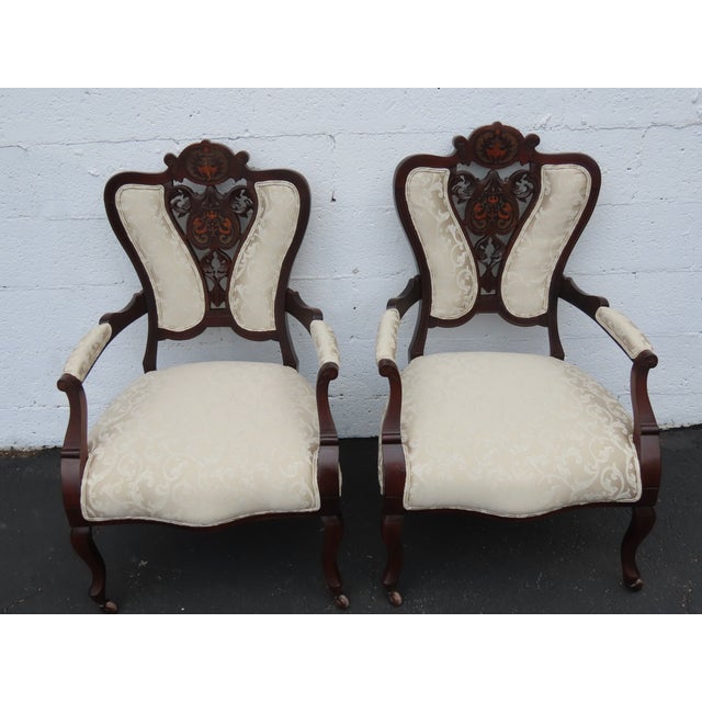 Victorian Late 1880s Carved Inlay Side Chairs a Pair 6643 For Sale - Image 17 of 17