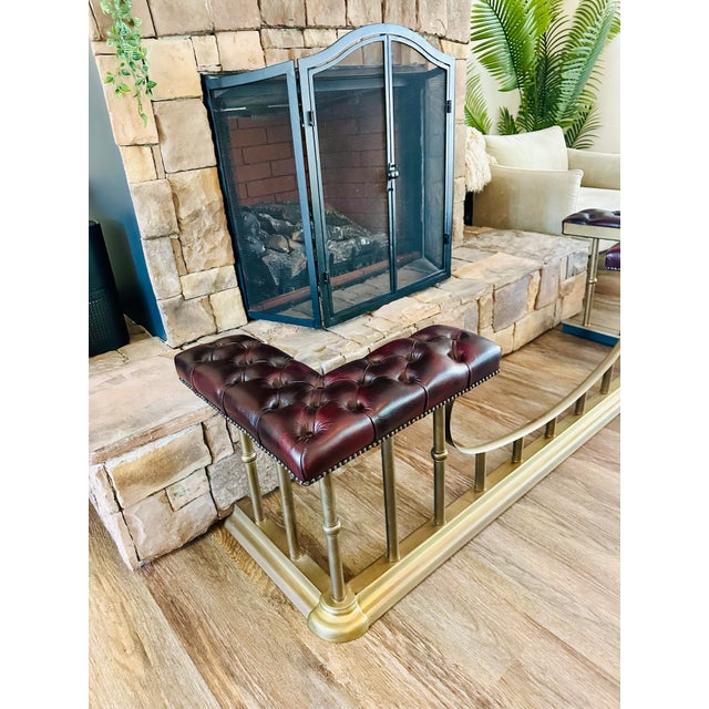 Animal Skin Vintage Brass & Oxblood Leather Club Fender - Fireplace Bench Hearth Seat For Sale - Image 7 of 10