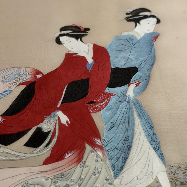 Early 20th Century Japanese Bijin-Ga Mixed-Media Silk Artwork of Two Women With Fans For Sale In Columbus - Image 6 of 8