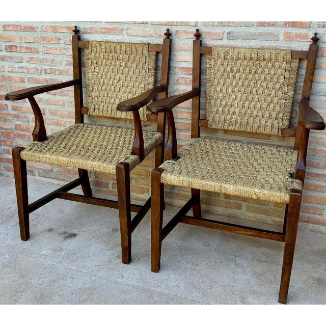 Set of 20th Spanish Walnut Armchairs with Backs and Caned Seats, 1940 For Sale - Image 16 of 18