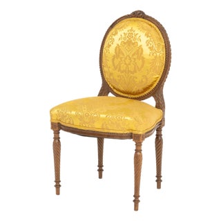 Louis XVI Style Yellow Silk Damask Upholstered Walnut Side Chair For Sale