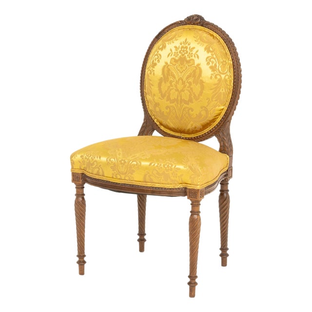 Louis XVI Style Yellow Silk Damask Upholstered Walnut Side Chair For Sale