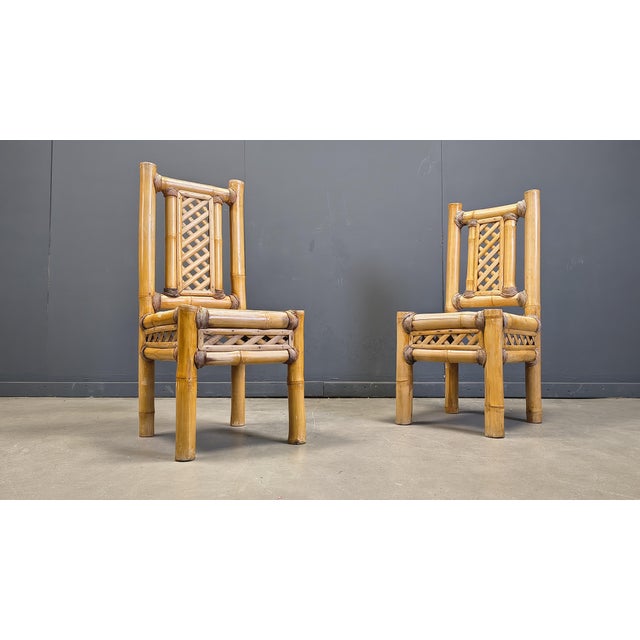 Chunky bamboo construction with intricate woven details Natural finish for a relaxed, tropical ambiance Vintage 1970s...