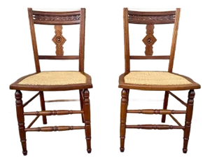 Pair of Antique 19th Century Victorian Style Carved Oak Cane Seat Chairs