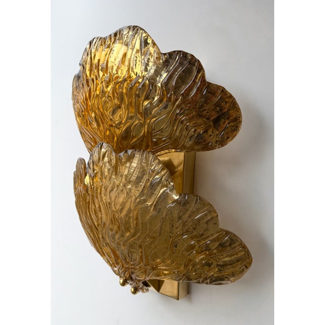 Brass Contemporary Brass and Gold Murano Glass Palm Sconces, Italy - a Pair For Sale - Image 8 of 12