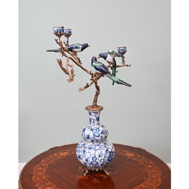 Blue and White Porcelain Candleholder in Exotic Bird Branch Shape For Sale - Image 4 of 7
