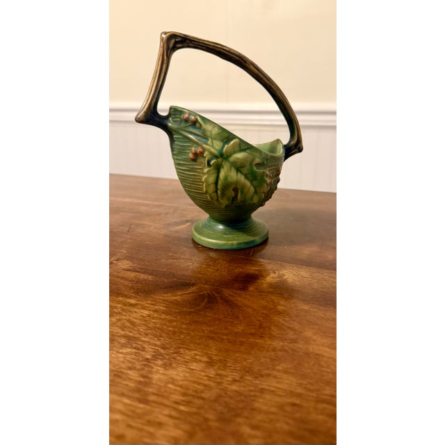 Green Roseville Bushberry Green Art Pottery Basket For Sale - Image 8 of 12